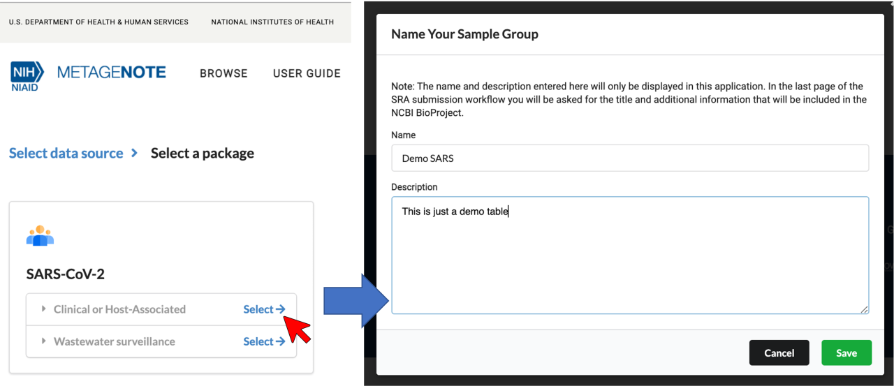 Select Clinical or Host-Associated or Wastewater Surveillance and give a name and brief description to your sample group