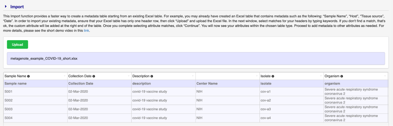 Select Import and upload an Excel file with IDs and existing data (if available), otherwise start typing metadata on the columns